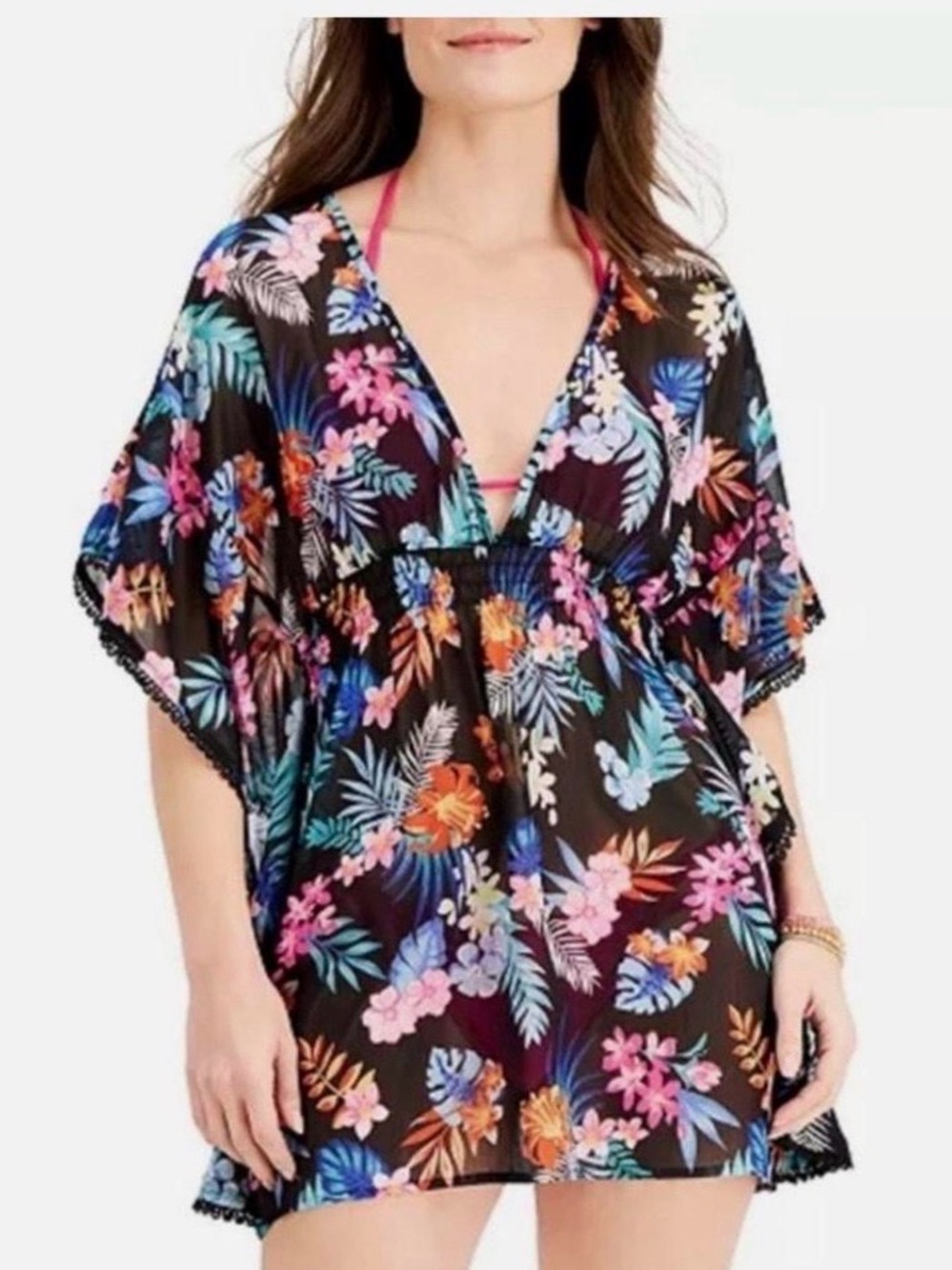 Miken Black Floral V-Neck Swim Cover-Up with Multicolor Tropicals